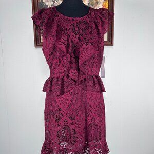 BB Dakota RSVP Lace A-Line Dress Women's 8 Ruffled Maroon Lined Party NWT